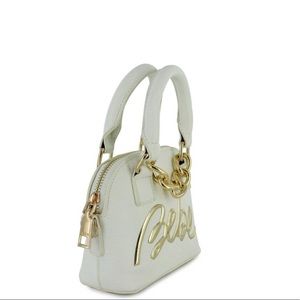 Bebe Gianna Micro Dome Satchel in the color white. Size: 5.75”L x 5” H x 2.75”D